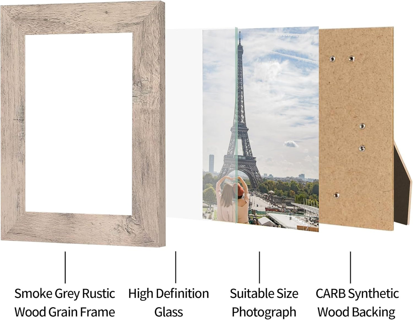 4x6 Picture Frame Set of 4, High Definition Real Glass Smoke Gray Frame, 4 x 6 Wood Photo Frames for Tabletop Display and Wall Mounting