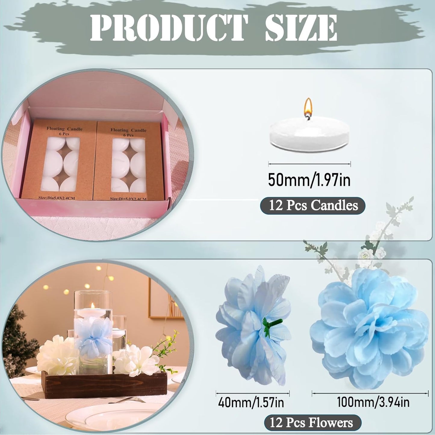 24 Pcs Floating Candles for Centerpieces and Floating Flowers Artificial Flowers Head Vase Filler for Party Home Table Wedding Centerpieces Decoration (Blue)