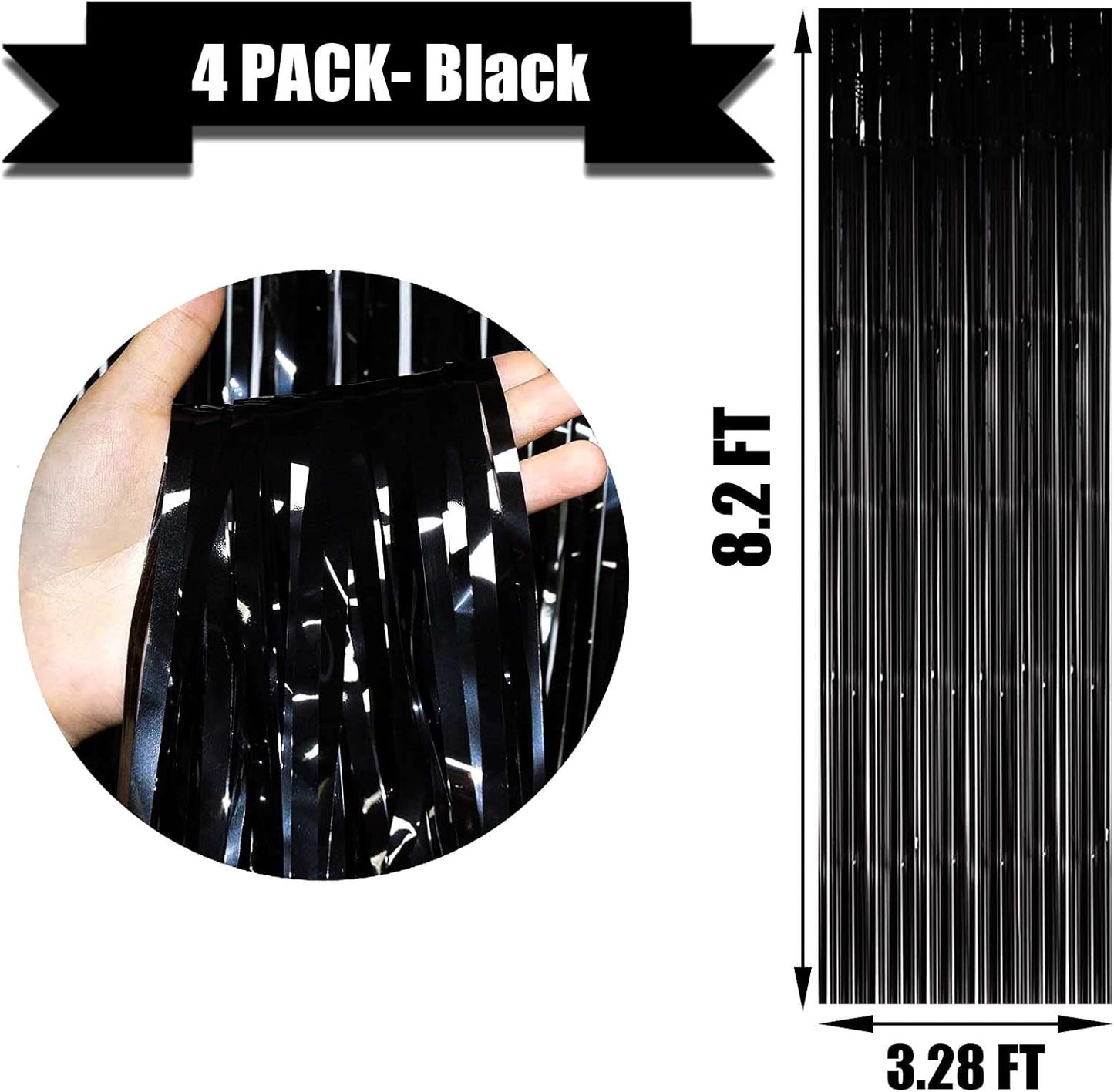 4 Pack Black Foil Fringe Curtain Backdrop, 3.28Ft x 8.2Ft Metallic Tinsel Streamers Curtains for Party, Photo Booth Props, Birthday, 2022 Mother's Day Decor Supplies, One Size