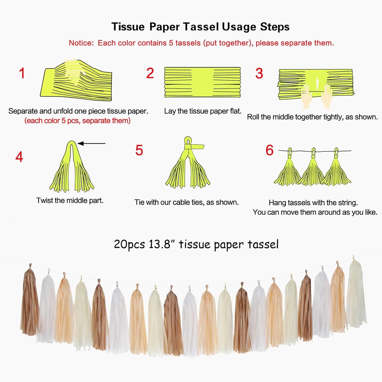 Boho Rainbow Baby-Shower Party-Decorations Tassel-Garland - 20pcs Neutral Birthday Wedding Bridal Tassels, White Brown Champagne Banner Streamers, Engagement Bachelorette Christmas Decor Panduola