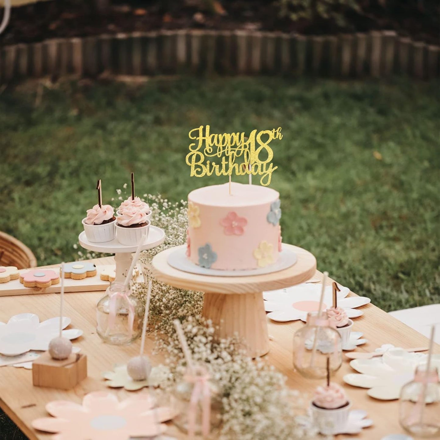 1 PCS Happy 18th Birthday Cake Topper Gold Glitter Cheers to 18 Years Birthday Cake Pick 18 Fabulous Cake Decoration for Happy 18th Birthday Theme Party Decorations Supplies