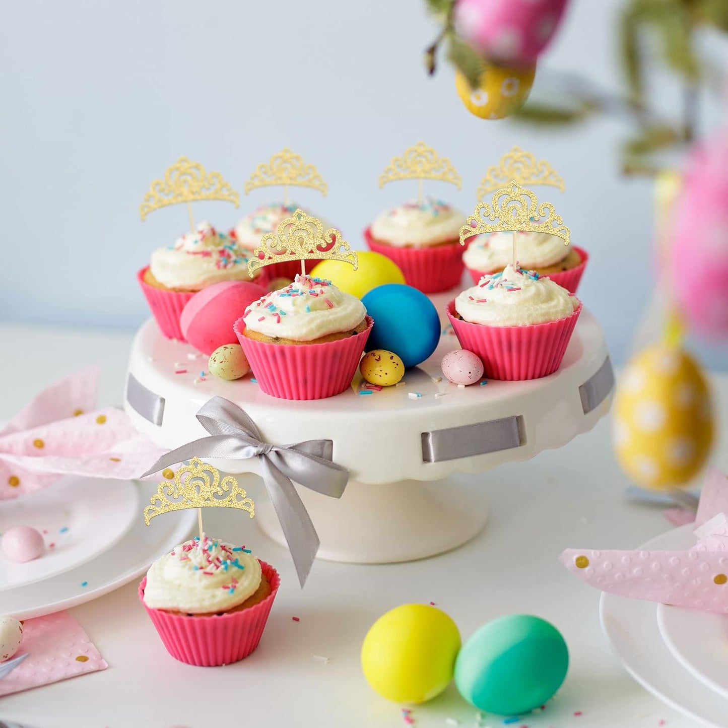 Gyufise 24Pcs Gold Princess Crown Cupcake Toppers Glitter Princess Cake Pick Decorations for Wedding Girl Birthday Baby Shower Party Decorations