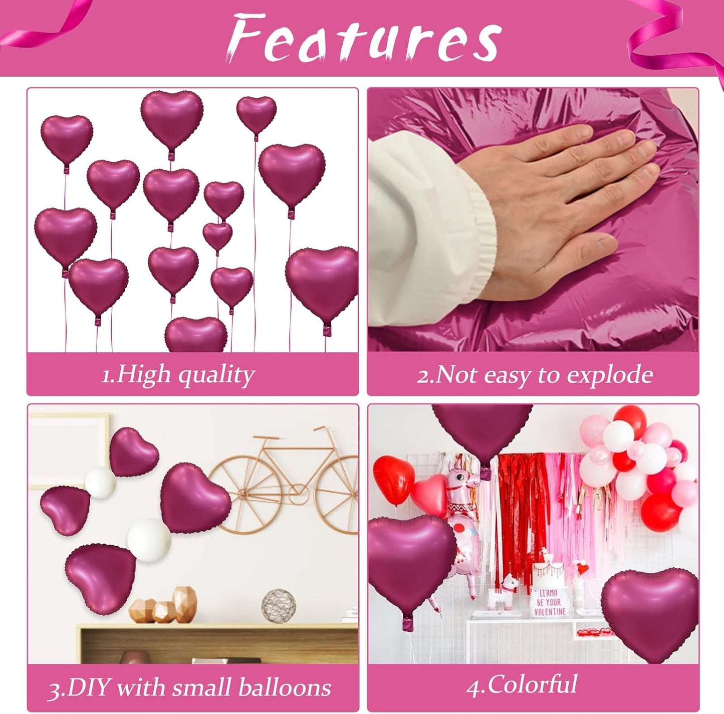 Biapian Foil Heart Balloons, 10PCS Pink Heart Shape Balloons Valentines Balloons 18inch Rose Red Foil Balloons for Helium Birthday Decorations for Girls Women for Valentines Day, Wedding, Anniversary