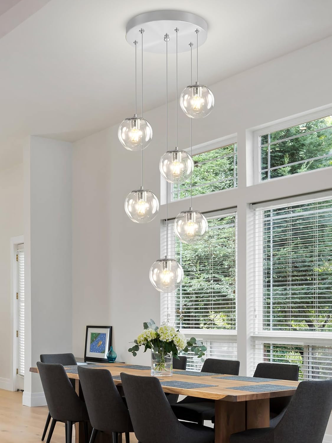 H 87in Modern Glass Globe Chandelier 6-Lights Glass Pendant Light for Staircase Silver Globe Chandelier Clear Glass Hanging Lighting for Living Room Bedroom Entryway