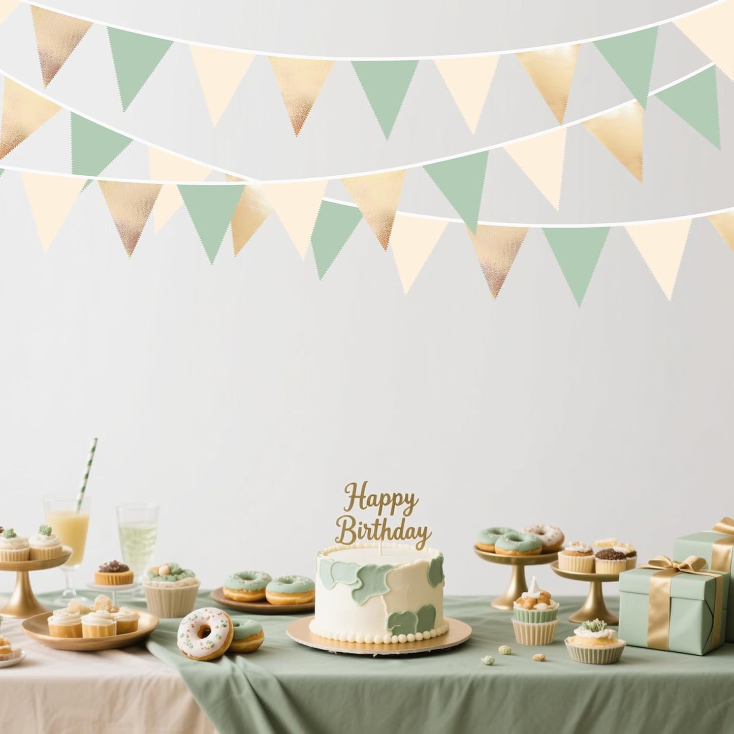 Sage Green Beige Champagne Gold Party Decorations Metallic Fabric Triangle Pennant Banner Bunting Flag Garland for Baby Shower Birthday Wedding Engagement Bridal Shower Graduation Decoration Supplies