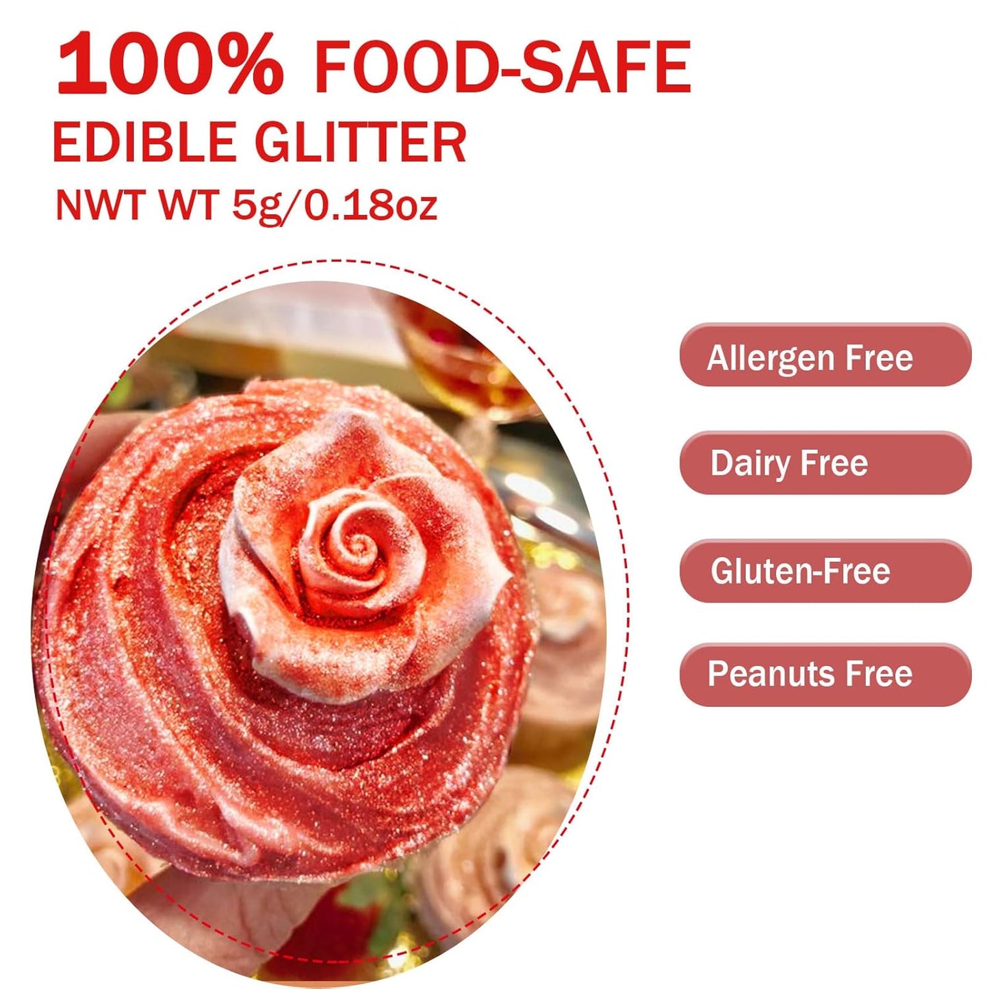 Red Edible Glitter Glimmer Powder for Cakes Drinks - Colaele 5 grams Food Grade Luster Dust Metallic Food Decorating Sprinkle Disco Brew Dust for Cake Decorations Wine Beverage Candy Dessert, Vegan