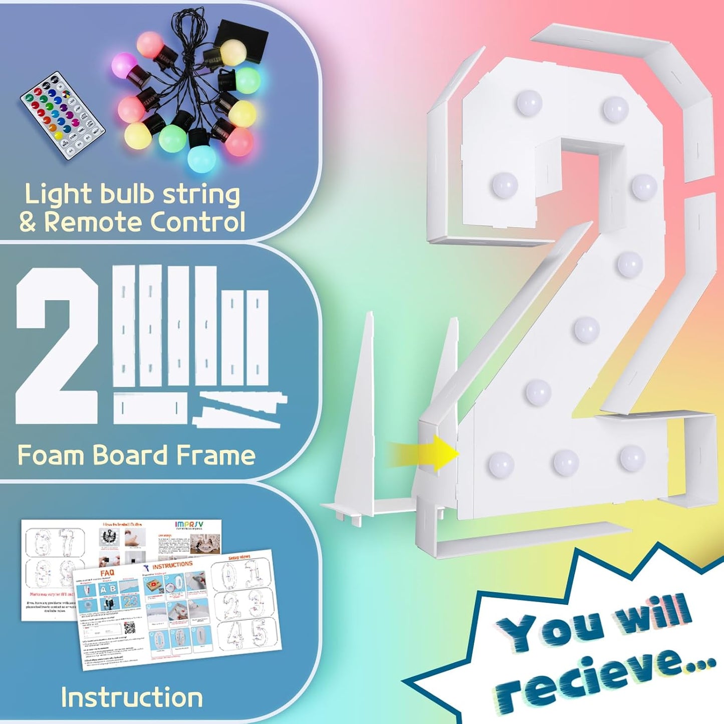 imprsv 4FT Colorful Marquee Numbers,18 Colors Number 2 with Remote, Light Up Numbers Sign for 20th Birthday Decorations Anniversary Party Decor, Pre-Cut Foam Board Kit, Mosaic Sign for Balloon