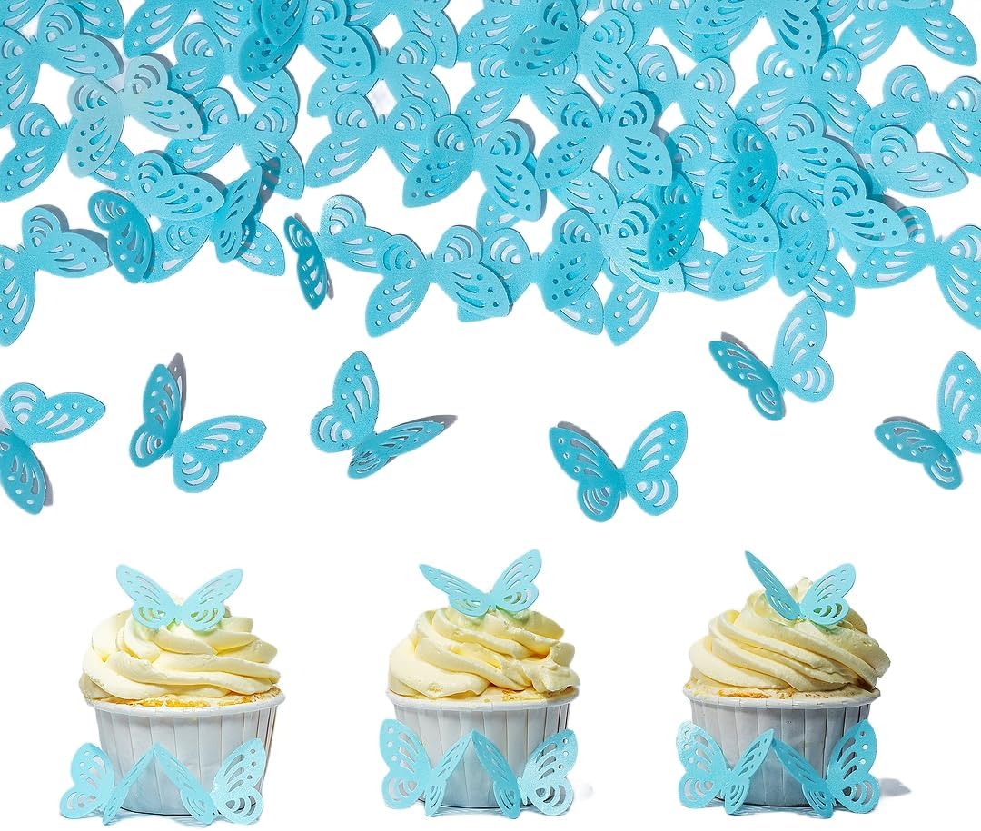 Edible Flowers Edible leaves &Edible butterflies Wafer Paper Cake Cupcake Toppers for Decorating Rice Paper Flower Food Decorations for Baking Girl Birthday Party Mix Size Color (Blue butteflies 60)