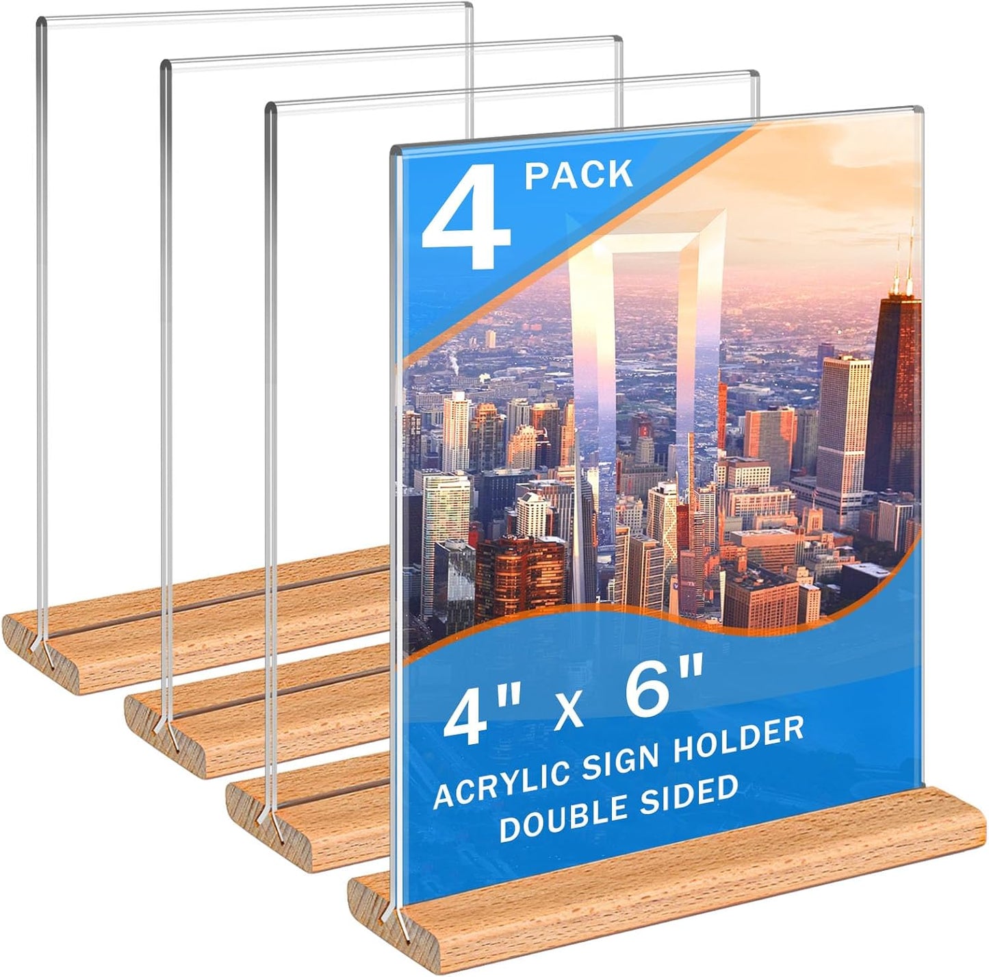 Kersally Acrylic Sign Holder 4 x 6, 4 Pack Double-Sided Clear Table Display Stands with Wood Base,Vertical Acrylic Frame Menu Flyer Paper Holder for Stores, Restaurants, Hotels, Office, Show Fair