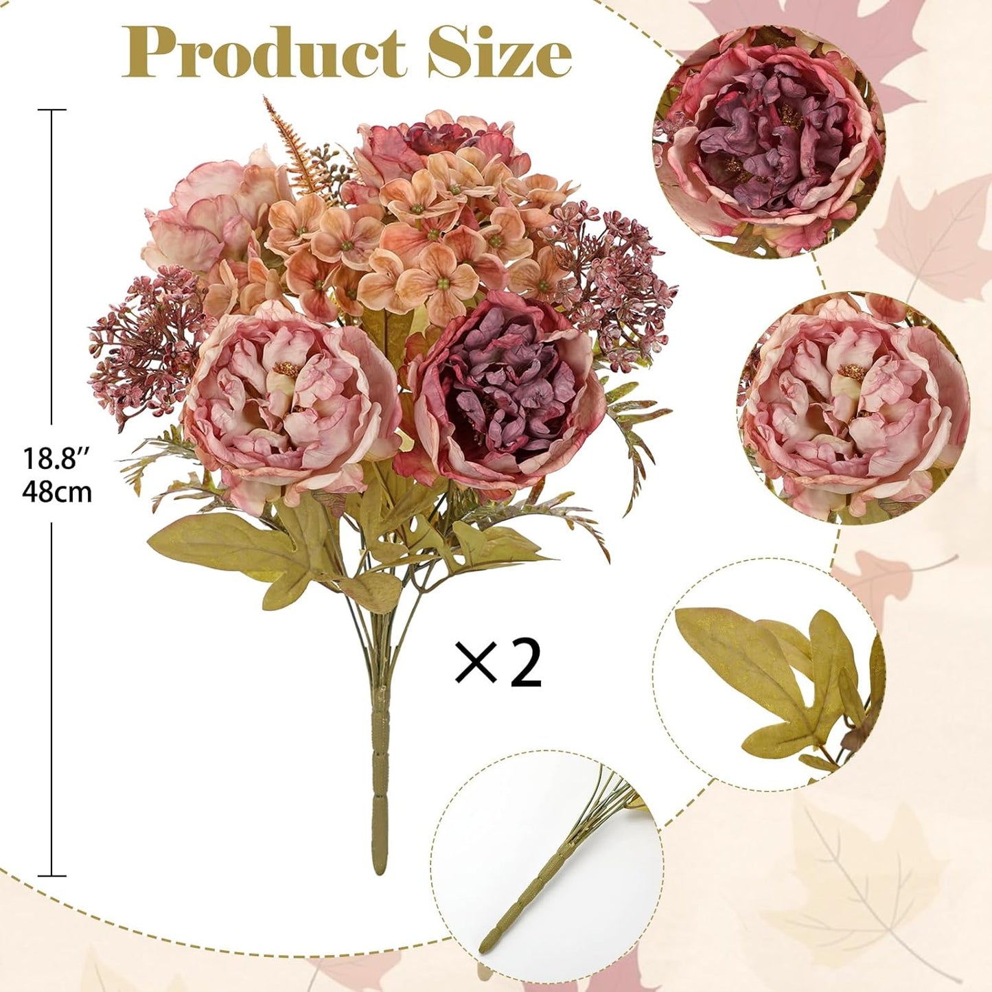 Hollyone 2Pcs Artificial Fall Flowers Bouquet 18.8" Pink Dried Peony Hydrangea Fake Fall Floral Silk Flowers Autumn Faux Flower Arrangement for Home Wedding Table Centerpieces Thanksgiving Party Decor