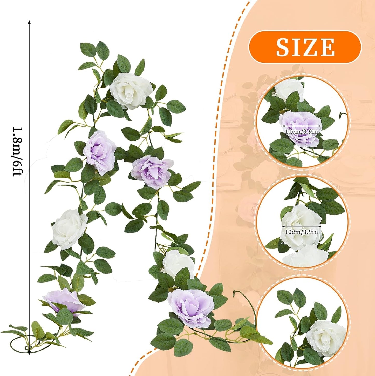 Lavender Artificial Rose Garlands Rose Vines Leaves Banners Hanging Floral Garland Fake Rose Flower Vine for Wedding Arch Ceremony Home Garden Outdoor Party Wall Decorations