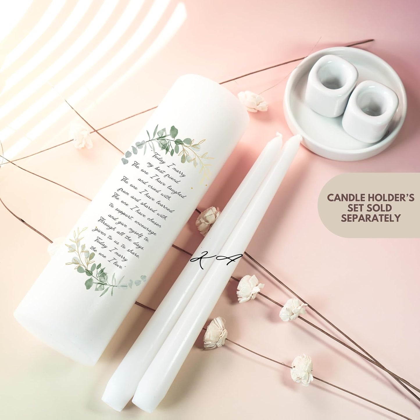 Unity Candles for Wedding, Modern Unity Set, Custom and Personalized Taper Candles with Bible Quote, Unscented White Premium Wax, Religious and Wedding Ceremony, Special Events (Custom Initials)