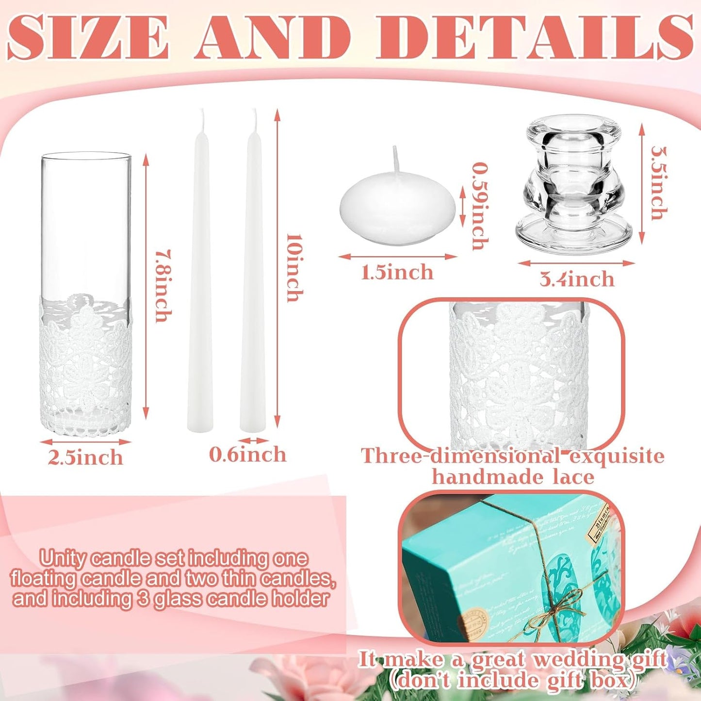 Irenare Unity Candles with Holder for Wedding Ceremony Wedding Decortions Accessories Glass Candle Holder Pillar Candle for Formal Events Church(Lace)