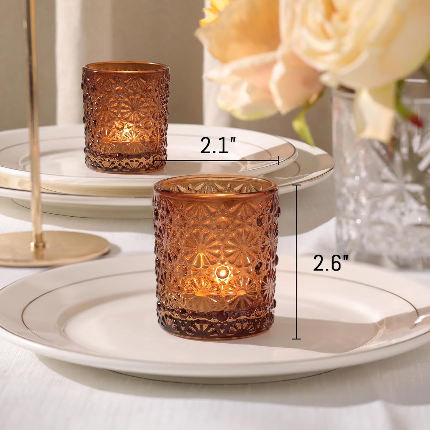 Amber Votive Candle Holder Set of 36, Flower Tea Lights Candles Holders for Wedding Table Centerpieces, Birthday Parties, Anniversary, Bridal Shower and Holiday Decorations