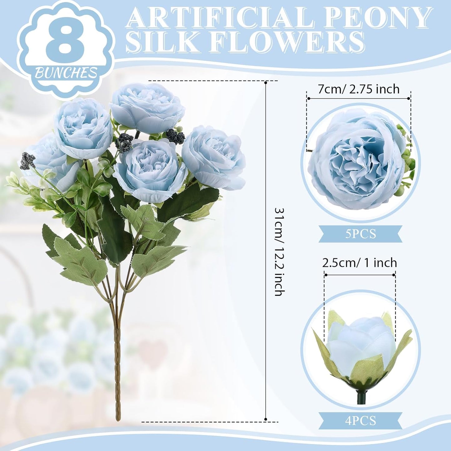 8 Bundles Artificial Peonies Flowers Boho Faux Flowers Arrangements Artificial Centerpiece Spring Bouquet Floral Wedding Decoration for Vase(Blue)