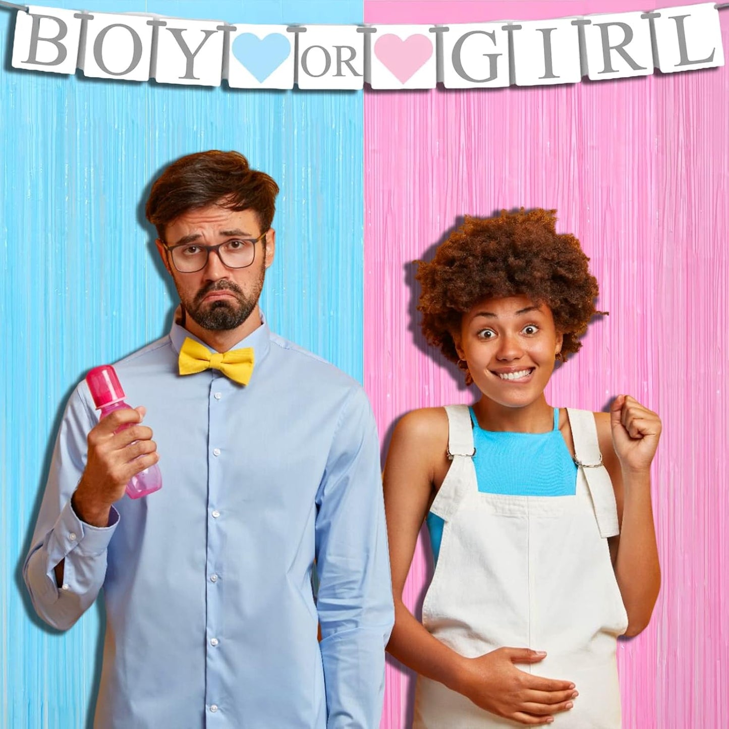 4 Pack Macaron Pink Blue Foil Fringe Curtain Backdrop, 3.28Ft x 9.8Ft Metallic Tinsel Foil Fringe Streamers for Photo Booth, Wedding Gender Reveal Backdrop Boy or Girl Birthday Party Decoration