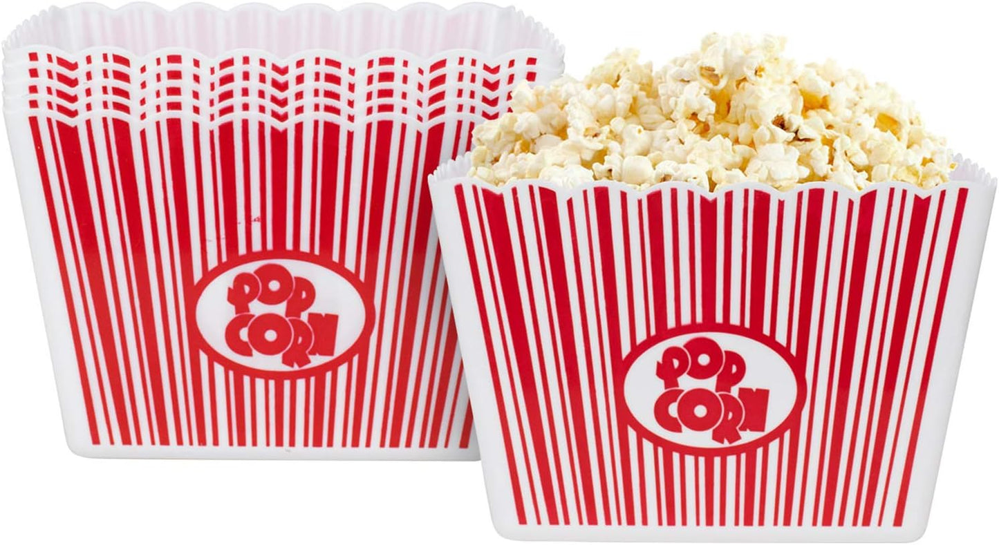 Hedume 6 Pack Popcorn Containers, Plastic Movie Theater Style Popcorn Container Set, Red & White Striped Classic Popcorn Boxes for Movie Night, Reusable (Square, 9" x 9" x 6")