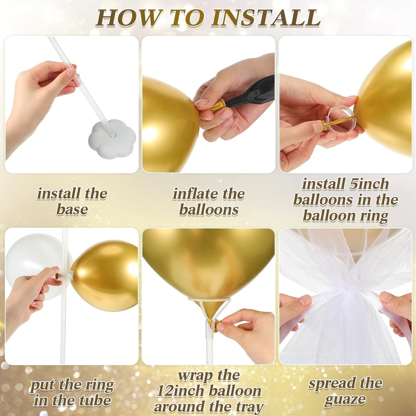 BBTO 8 Set Table Centerpieces Balloons Stand Kit, 80 Pcs Latex Balloons and Table Stand Holder with Base Tulle for Wedding Birthday Baby Shower Party(Gold and White)