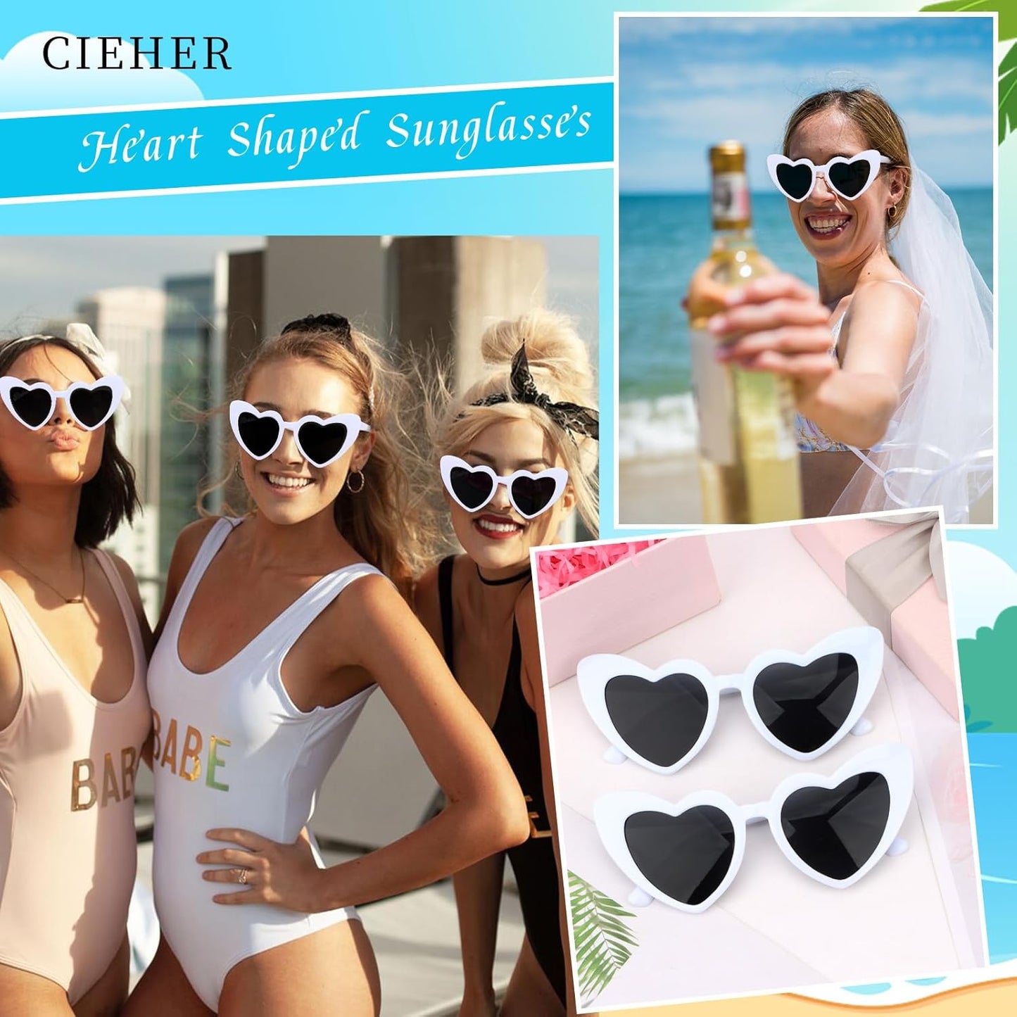 CIEHER Bachelorette Party Favors - White Black Heart Sunglasses for Bride Bridesmaid