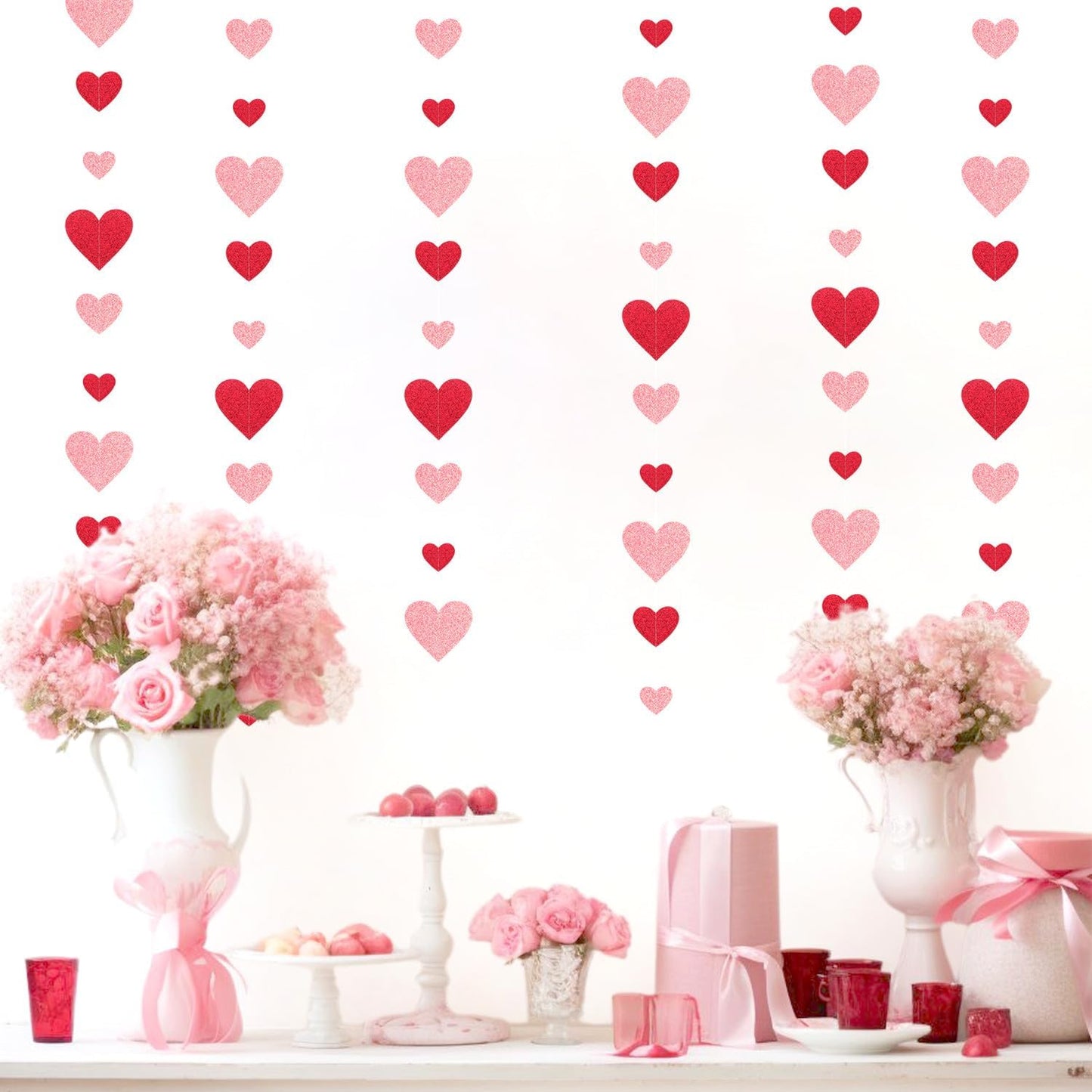 Red Pink Party-Decoration Heart Garland - 40ft Galentines Hanging Paper Streamers, Proposal Anniversary Romantic Birthday Baby Shower Rustic Wedding Hanging Ornaments Decor Hugfond
