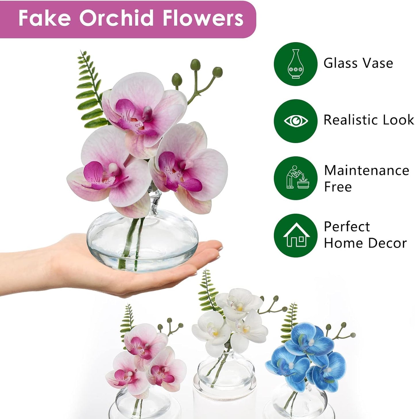 Pink Orchids Artificial Flowers Faux Orchids Arrangement in Clear Glass Vases Set of 3 Real Touch Phalaenopsis Orchid Flowers Small Fake Orchid Centerpiece for Dining Room Table