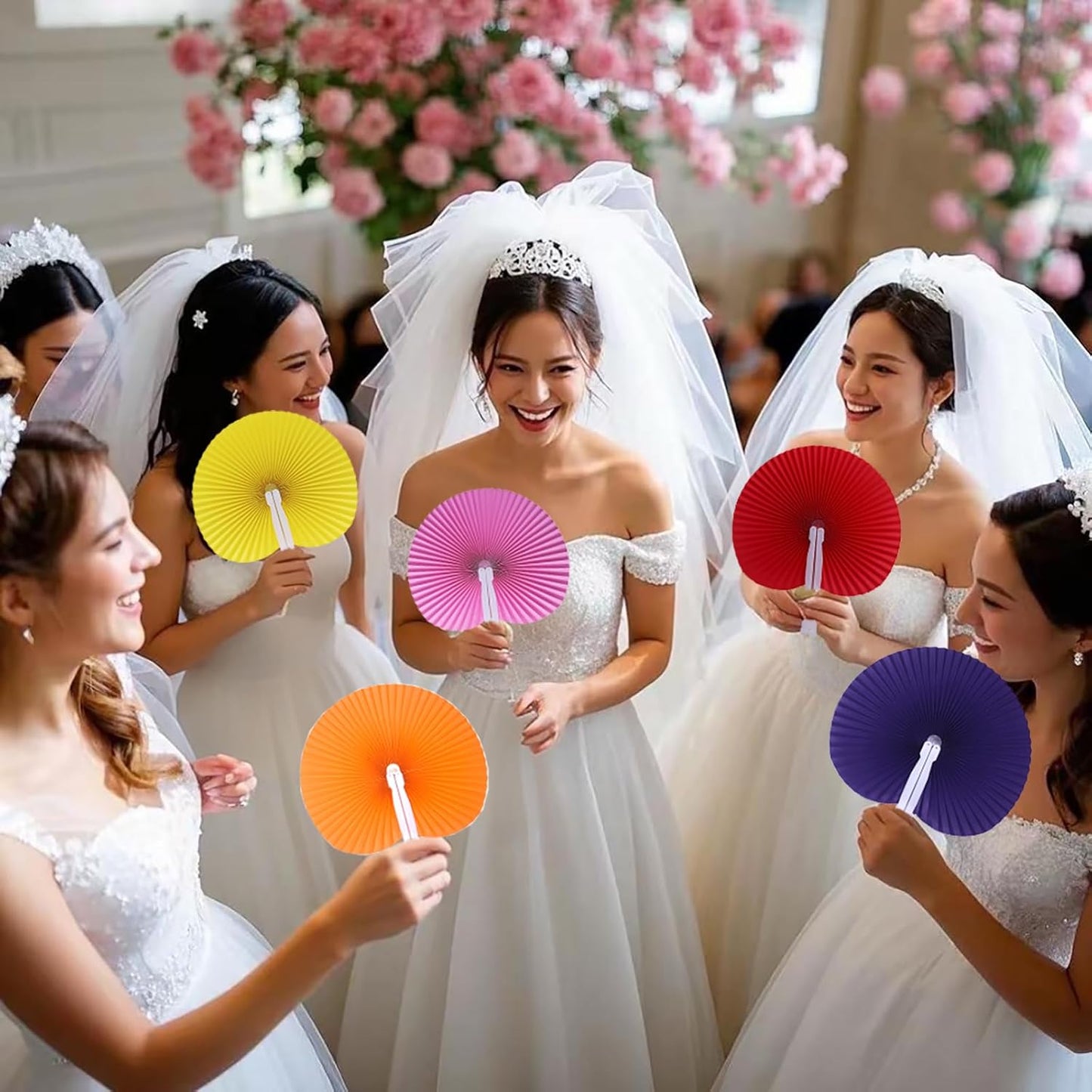 12 Packs Decorative Paper Folding Hand Fans Handheld,Orange Round Foldable Wedding Fans Chinese and Japanese Fans Bulk for Bridal Guest Church Party Favors Dancing Birthday DIY