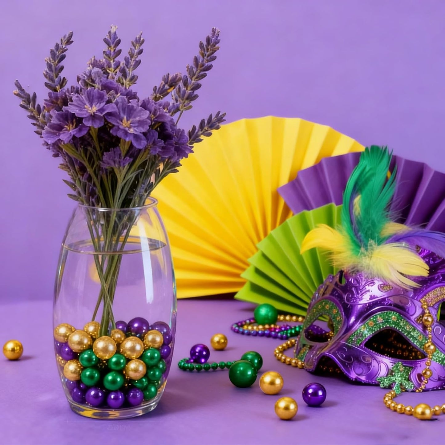 150Pcs Gold&Green&Dark Purple Polished Mardi Gras Beads for Vase Filling Decorations, Plastic Pearls Vase Fillers, Table Scatters, Mardi Gras Party, Home Decor, 8/14/20 mm