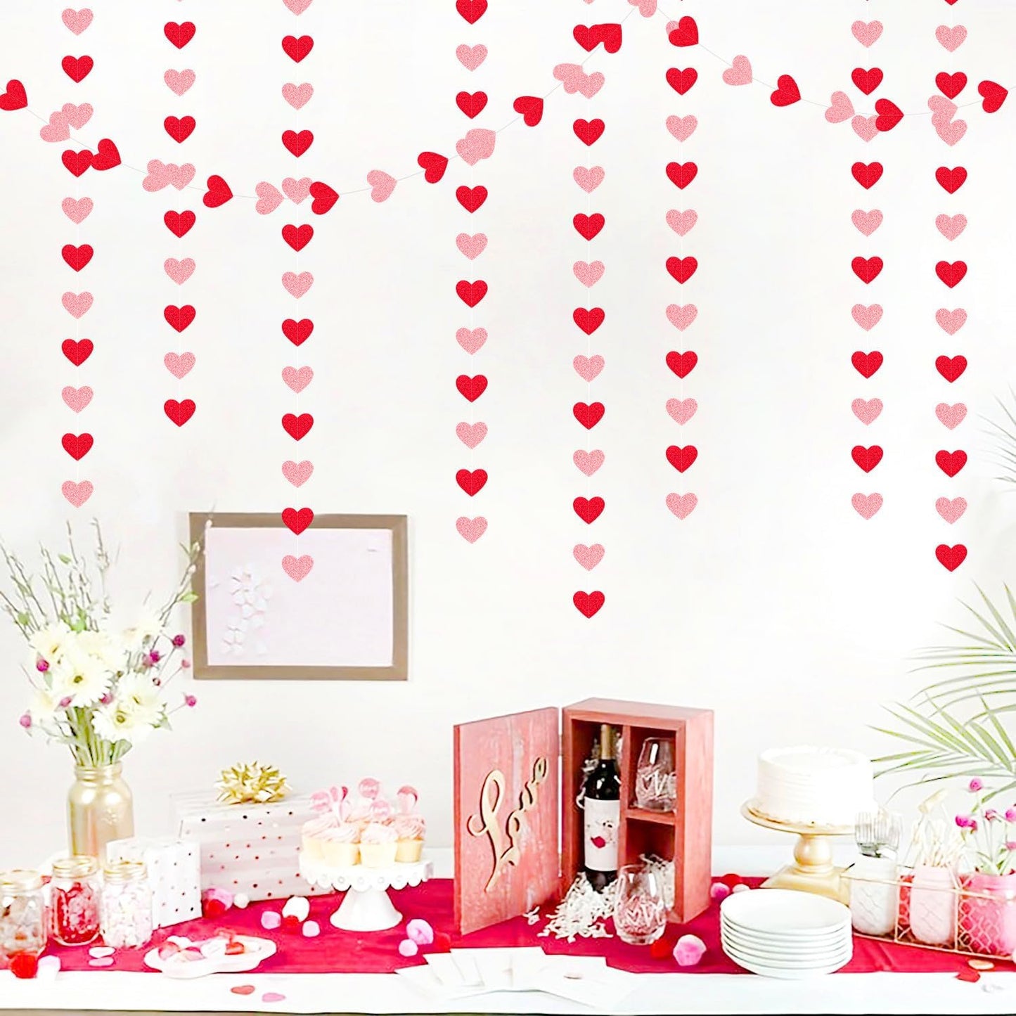 Red Pink Party-Decorations Heart Garland - 52ft Streamers Paper Banner,Proposal Anniversary Romantic Birthday Baby Shower Rustic Wedding Hanging Ornaments Decor Hugfond