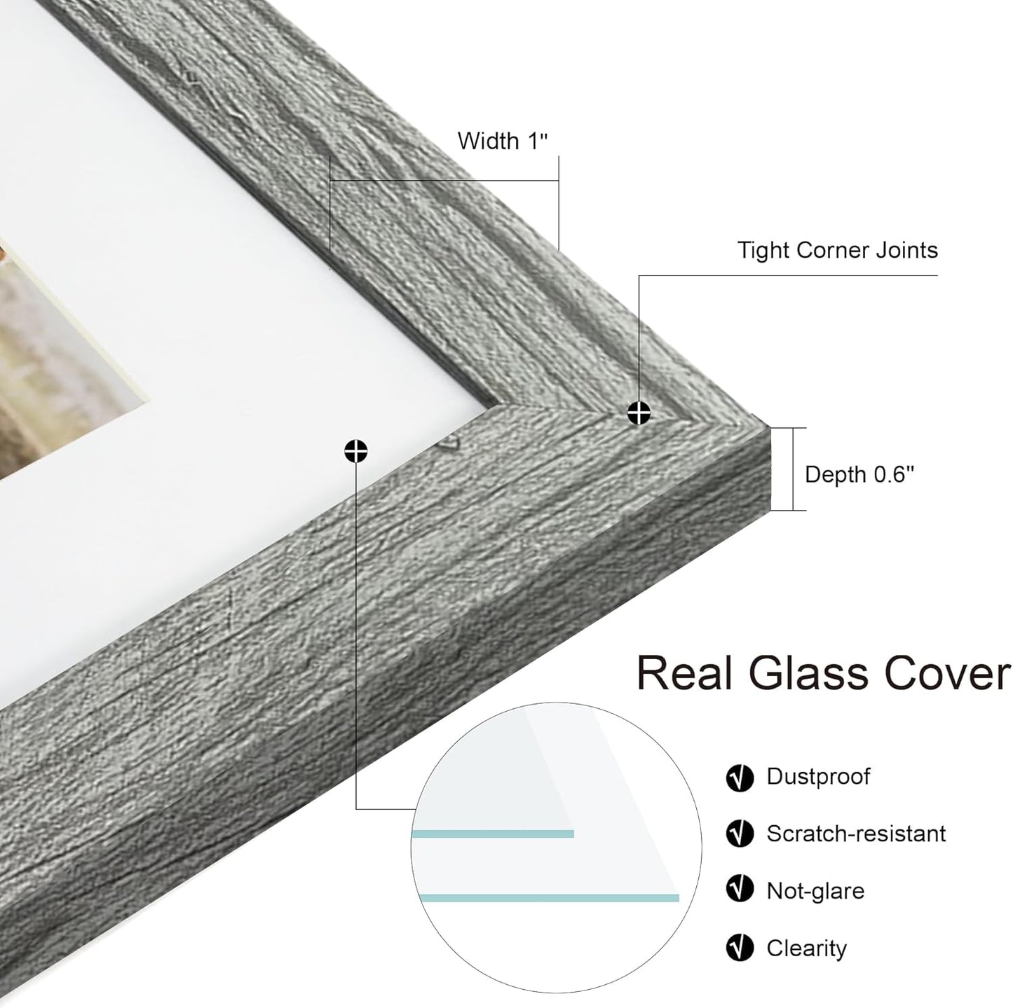 8.5x11 Picture Frame Set of 2, Gray Certificate Document Frames with Glass Collage Frame, Display Pictures Two 5x7 With Mat or 8.5 x 11 Without Mat - Horizontal or Vertical Wall Mounting