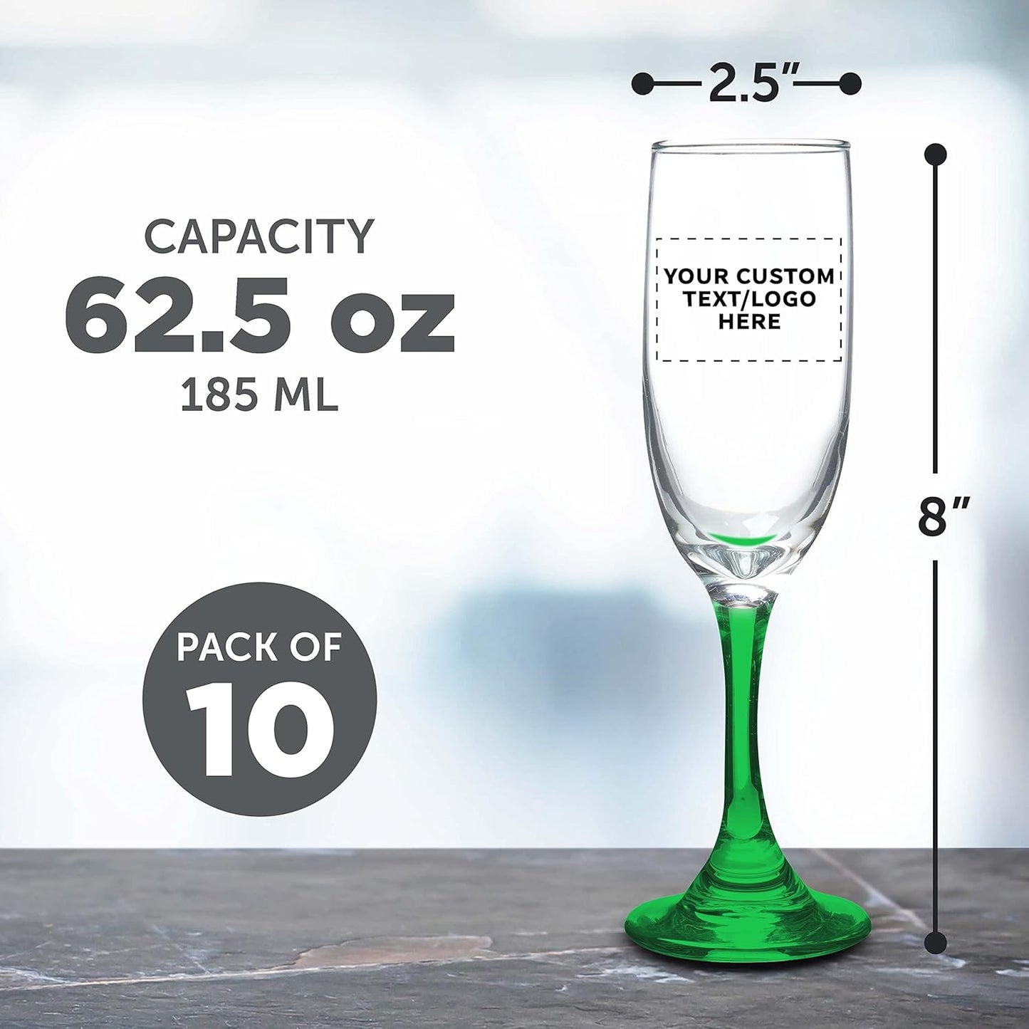 DISCOUNT PROMOS Custom Premiere Champagne Flutes 6.25 oz. Set of 10, Personalized Bulk Pack - Elegant Drinkware for Weddings, Events, & Promotional Gifts - Green