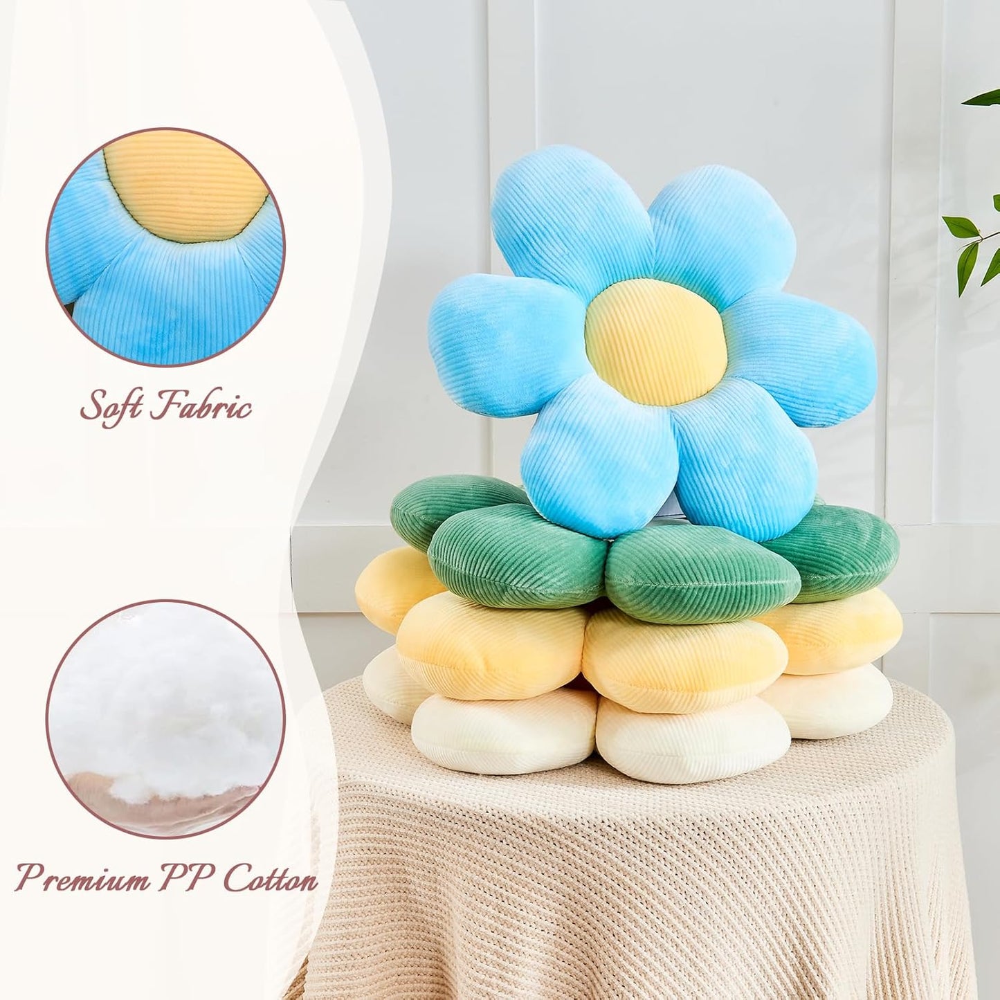 Blue Flower Pillow, 14.9" Cute Flower Shaped Floor Pillow, Aesthetic Floral Plush Daisy Decorative Throw Pillows for Bed Sofa Couch