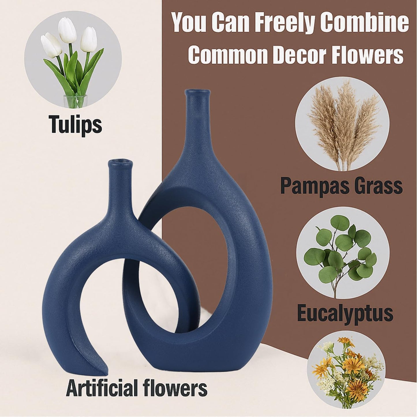 Blue Ceramic Vase Set of 2 - Modern Navy Blue Vase for Dining Table Centerpieces, Farmhouse and Home Decor, Office Partitions, Mantelpiece, Entrance Decoration