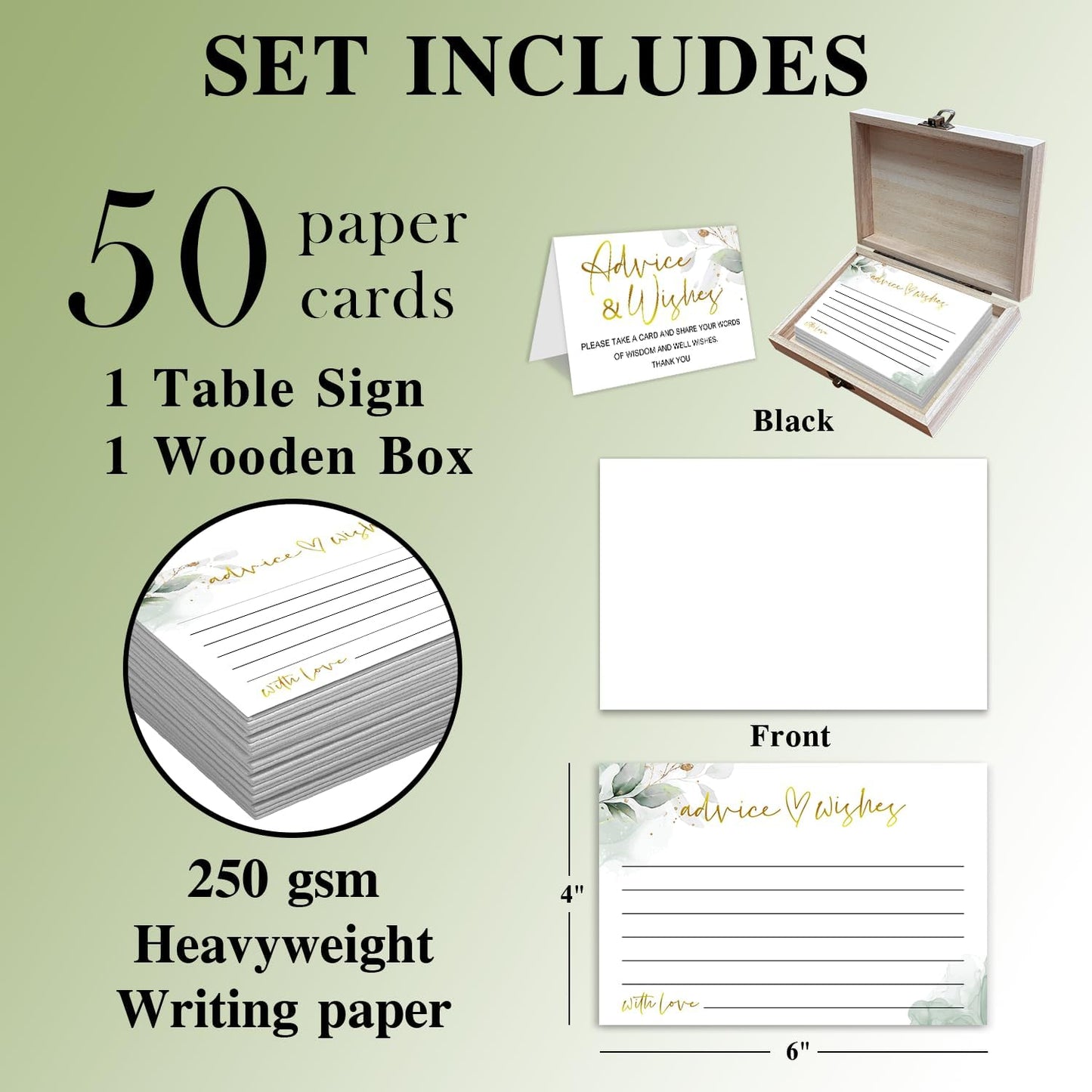 Watercolor Advice and Wishes Cards with Box - 50 Pcs Eucalyptus Advice Cards for Wedding, Bridal Shower, Baby Shower, Well Wishes Box for Graduation, Christmas, Birthday Party Decorations -A05