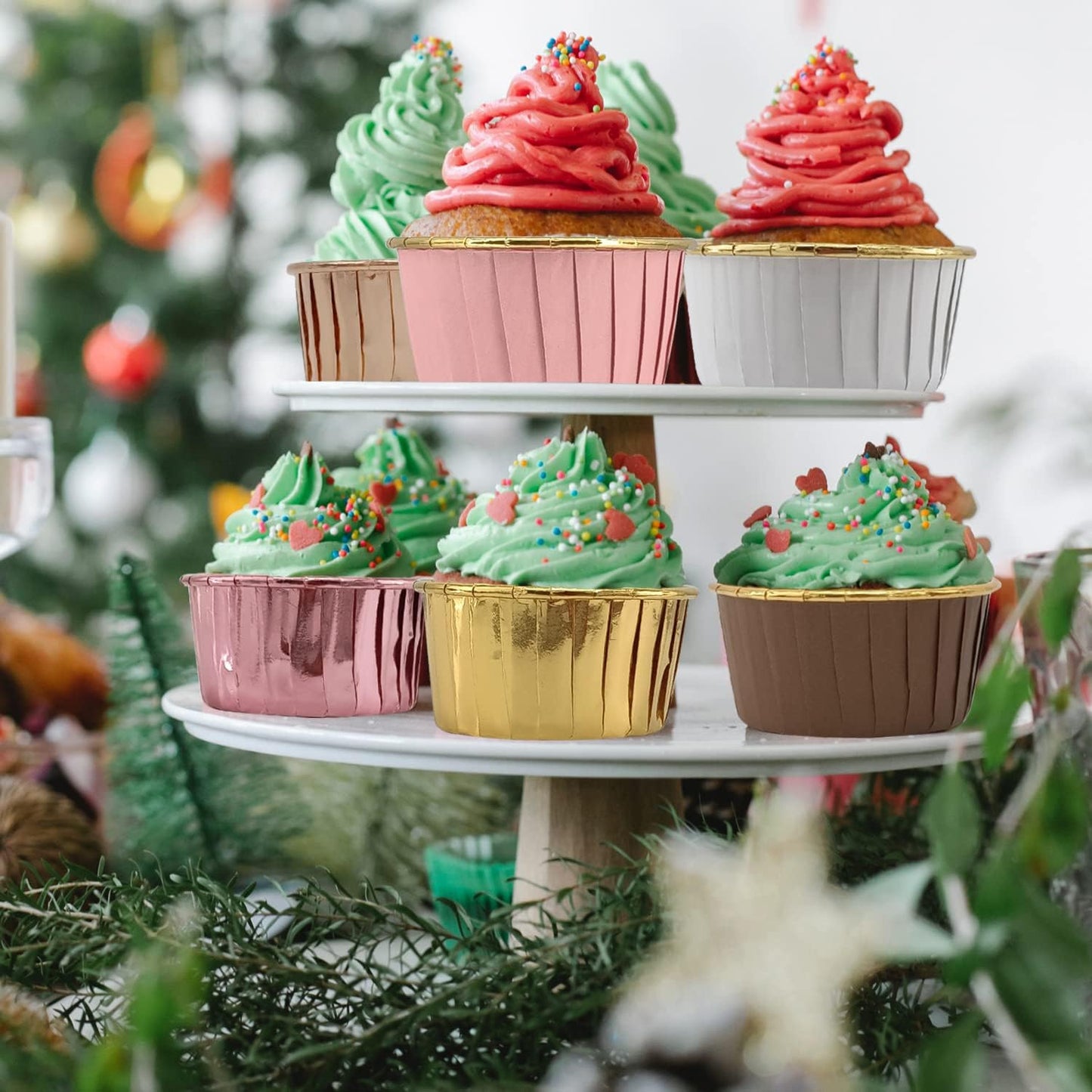 Foil Cupcake Liners with Dome Lids 100Pack,Free-Air 3.5Oz Cups for Baking,Disposable Ramekins Muffin Tins Cupcake Wrappers, with Spoons-Red in gold