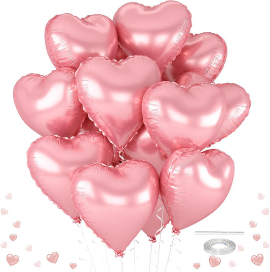 12 Pcs Heart Balloons, 18 inch Pink Heart Shaped Balloons, Big Helium Balloon,Love Foil Balloon for Wedding Baby Shower Anniversary Backdrop Valentine Party Decoration