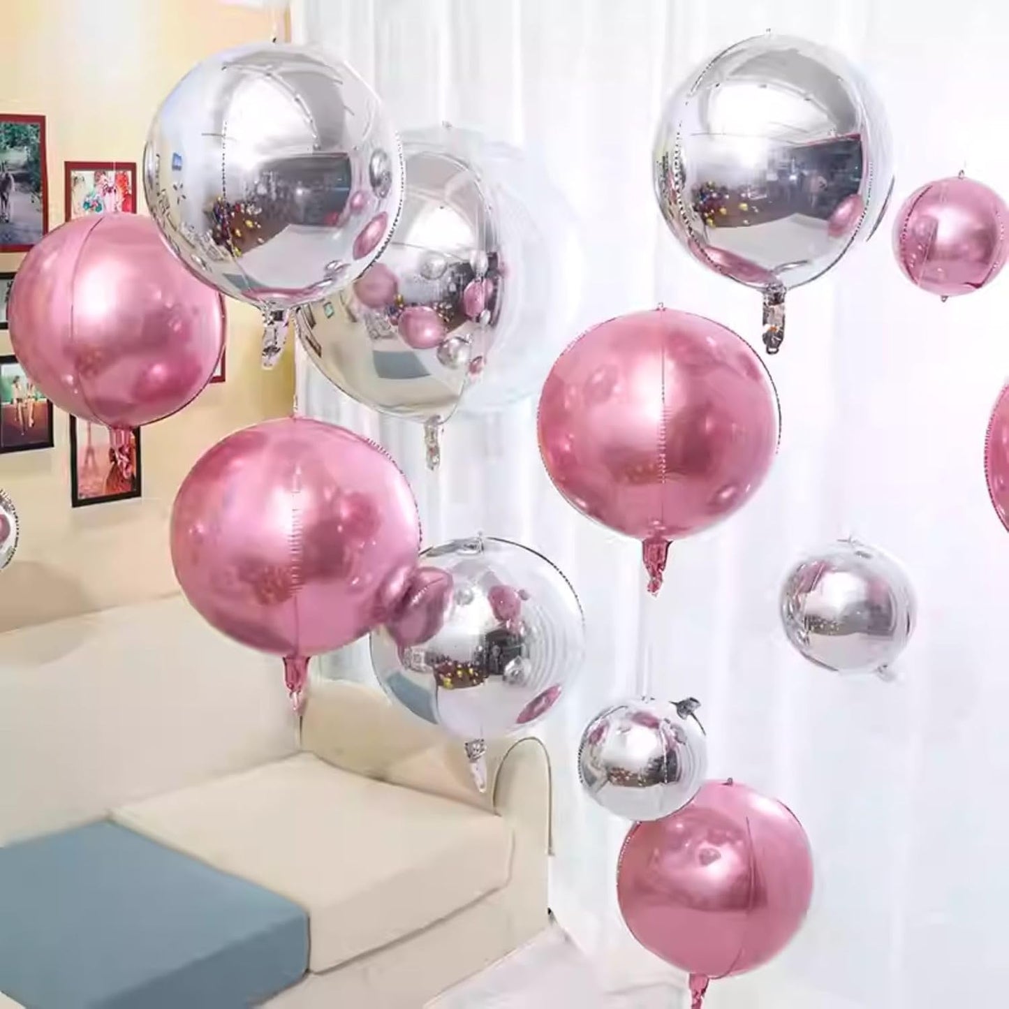 6Pcs Pink Silver Round Foil Balloons,Giant 4D Round Ball Balloon,22 Inch Metallic Pink Silver Balloons for Birthday Wedding Baby Shower Party Decorations