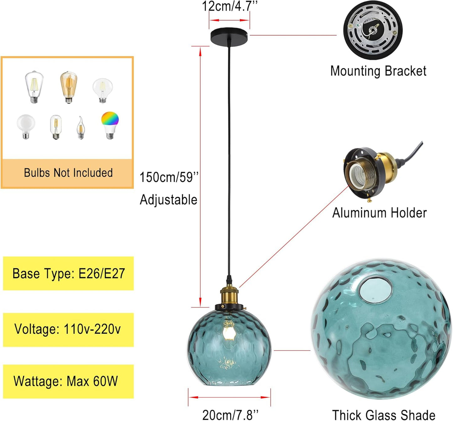 Pendant Light Shade Industrial Hanging Lights Fixtures Ceiling Outdoor Pendant Lighting for Kitchen Island Dining Room Unique Lamp in Kitchen Farmhouse Bedroom (Dark Blue, 7.8 Inches)