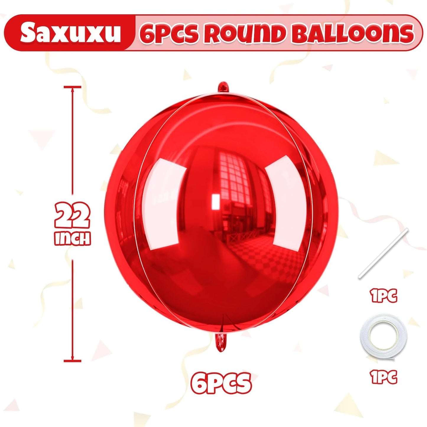 Red Giant 4D Foil Balloons, 6Pcs Large Metallic Round Balloons, 22 Inch Big Round Foil Balloon for Red Birthday Party Baby Shower Wedding Decorations