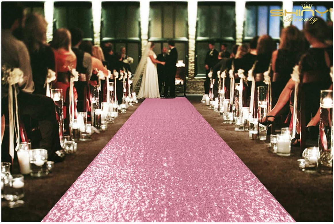 ShinyBeauty Sequin Aisle Runners 2Ft x 15Ft Pink Gold Carpet Runner for Party Glitter Runner for Wedding N116
