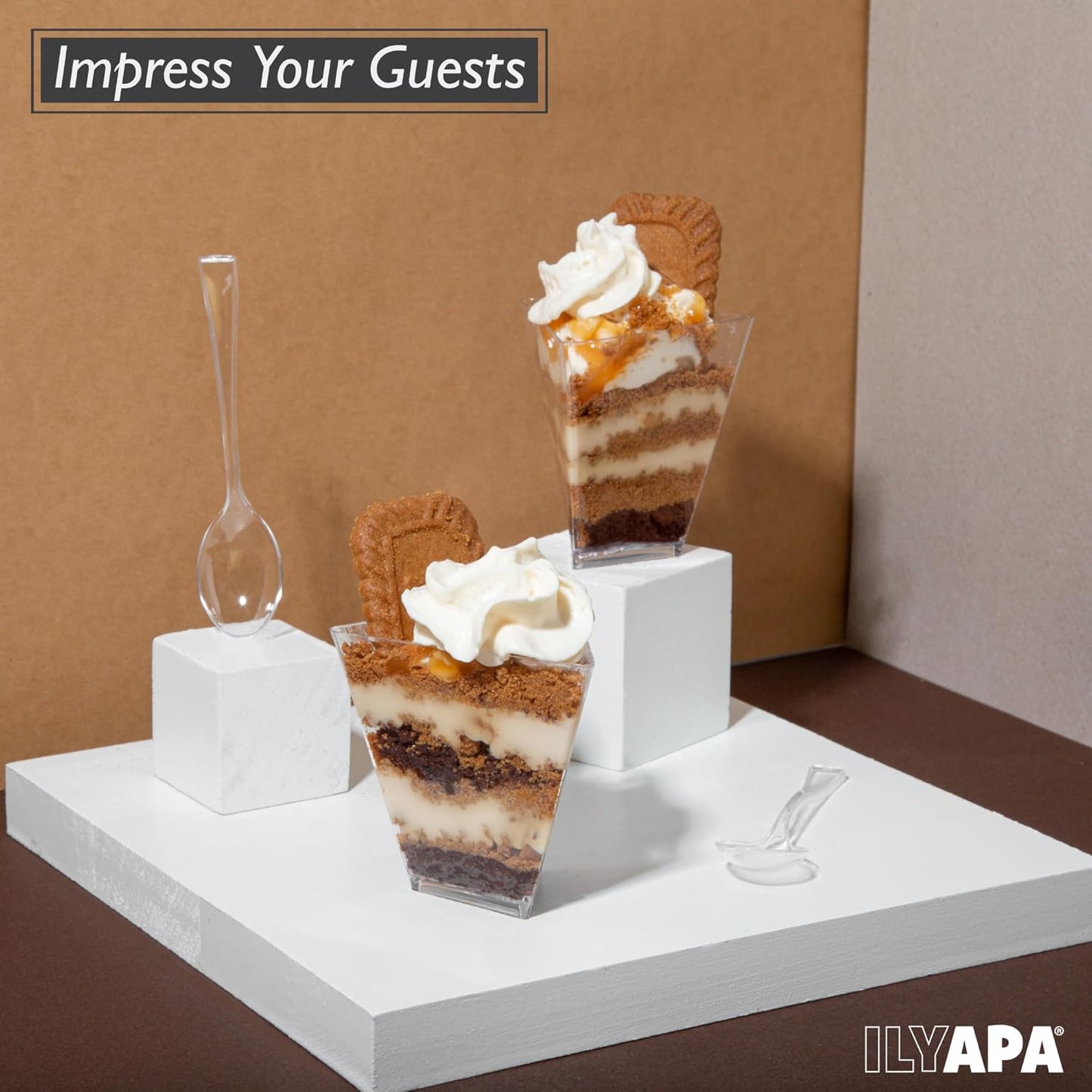 Ilyapa 3oz Plastic Dessert Cups - 100 Pack Mini Dessert Cups with Spoons - Clear Reusable Small Appetizer Cup for Cheesecake Shooters, Chocolate Mousse - Party and Catering Supplies - Triangle