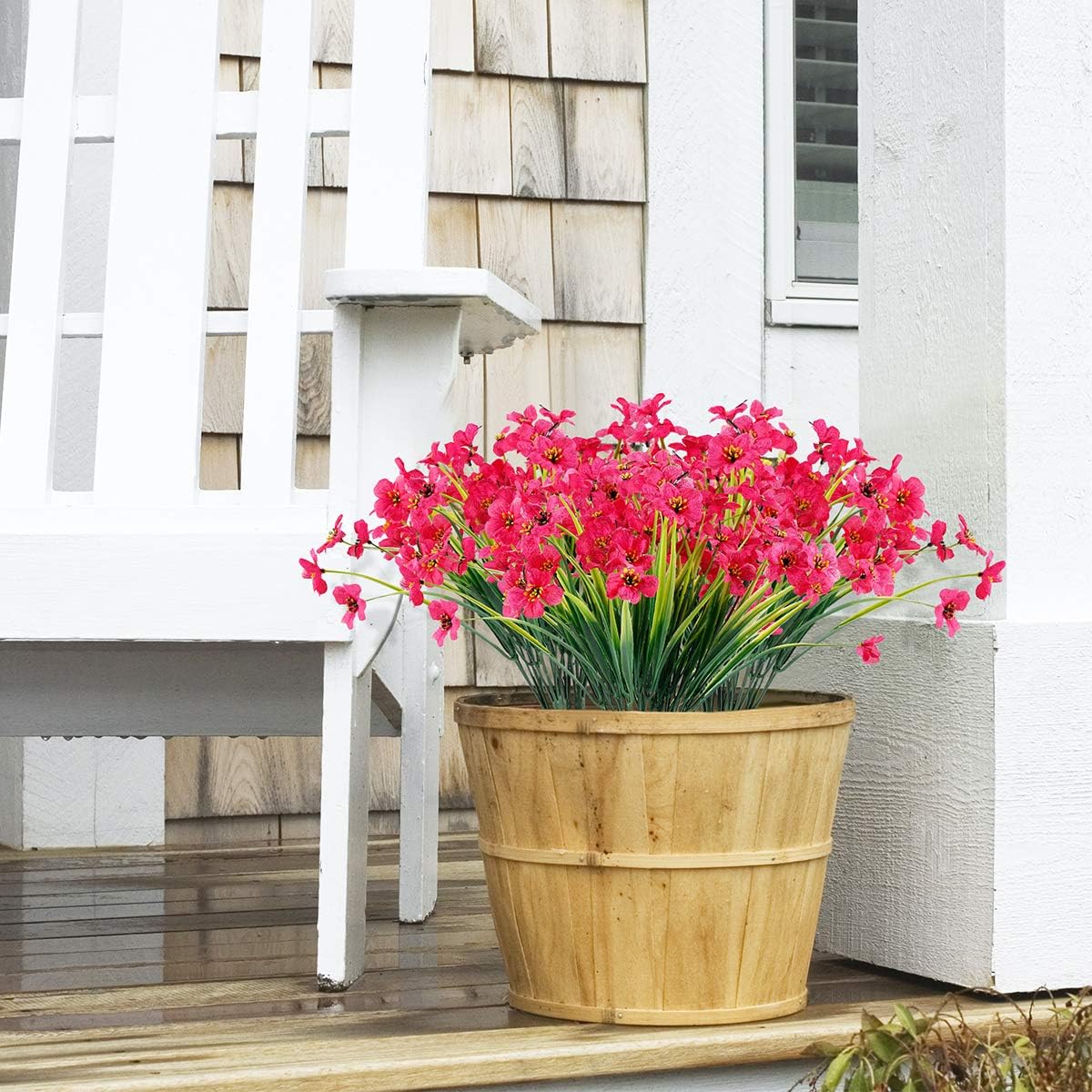 12 Bundles Artificial Flowers Outdoor UV Resistant Fake Flowers No Fade Faux Plastic Plants Garden Porch Window Box Decorating(Rose red)