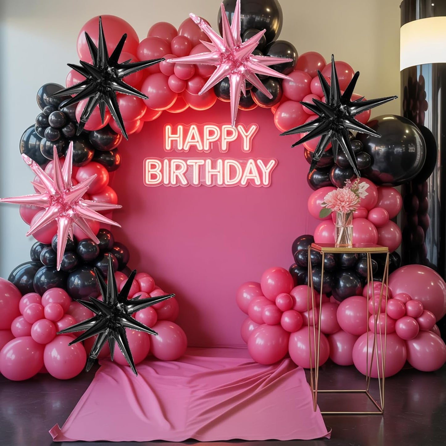 Pink Black Star Balloons,9Pcs 22Inch Black and Pink Explosion Spike Cone Helium Polyester Film Star Foil Balloons for Birthday Anniversary Baby Shower Disco Party Decorations
