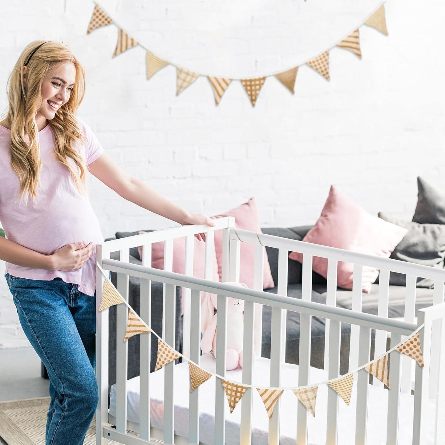 Oudain 15.5 ft Pennant Banner Flags, 2 Pcs Nursery Garland Triangle Bunting Flag Baby Banner for Nursery Decor Baby Birthday Boho Wedding Shower Party Event, Each 7.75 ft(Vivid Color)