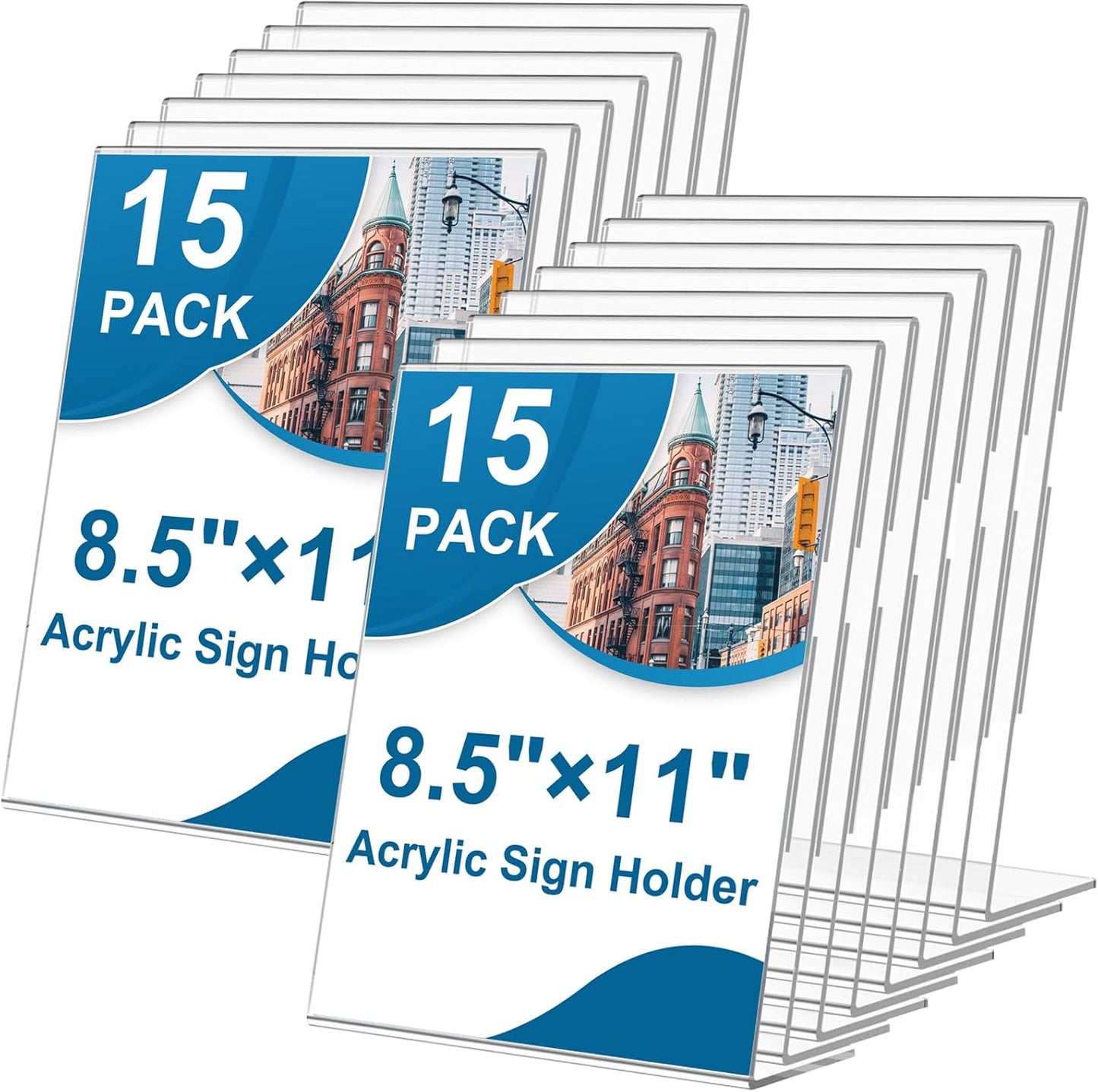 15 Pack Acrylic Sign Holder 8.5 x 11, L-Shape Clear Plastic Display Stand for Tabletop, Acrylic Stands for Flyers, Table Paper Holder, Vertical Sign Holder 8.5x11 for Restaurants, Office and School(Slant 15 Pack 8.5x11)