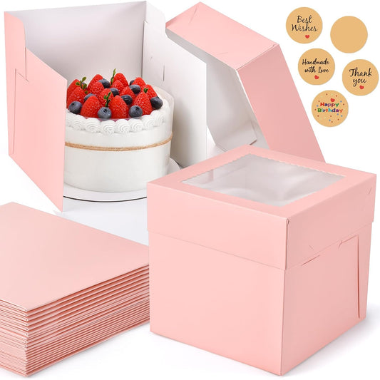 12Pcs 8x8x8 Inches Cake Boxes, Pink Square Bakery Boxes with Window, Disposable Cake Carrier Container for Pastries, Pie, Cookies, Chocolates, Cupcakes, Birthday Party, Wedding