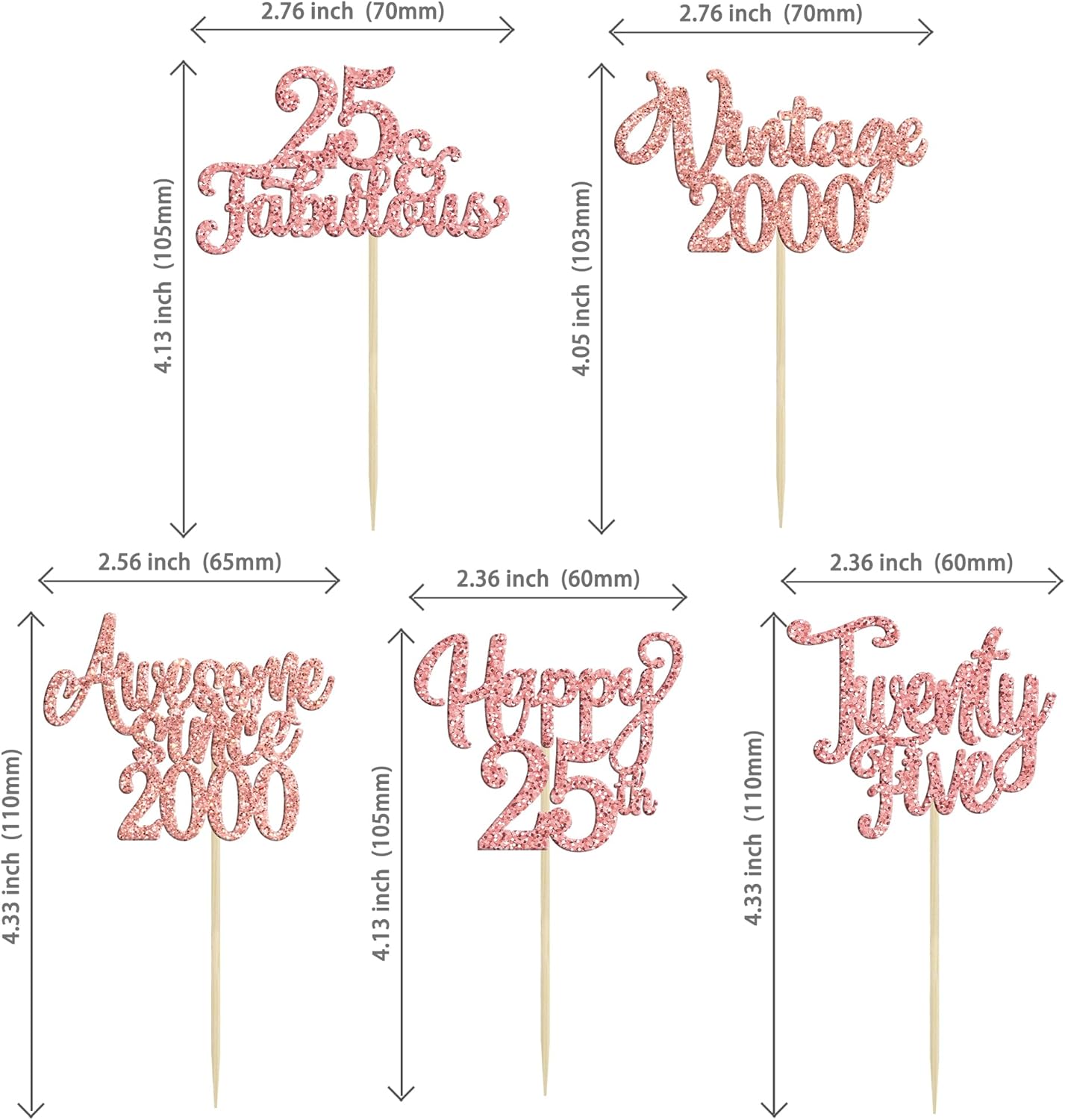 30Pcs Vintage 2000 Cupcake Toppers Glitter Twenty-Five 25 Fabulous Happy 25th Birthday Cupcake Picks Awesome Since 2000 Cake Decorations for 25th Birthday Retirement Party Supplies Rose Gold