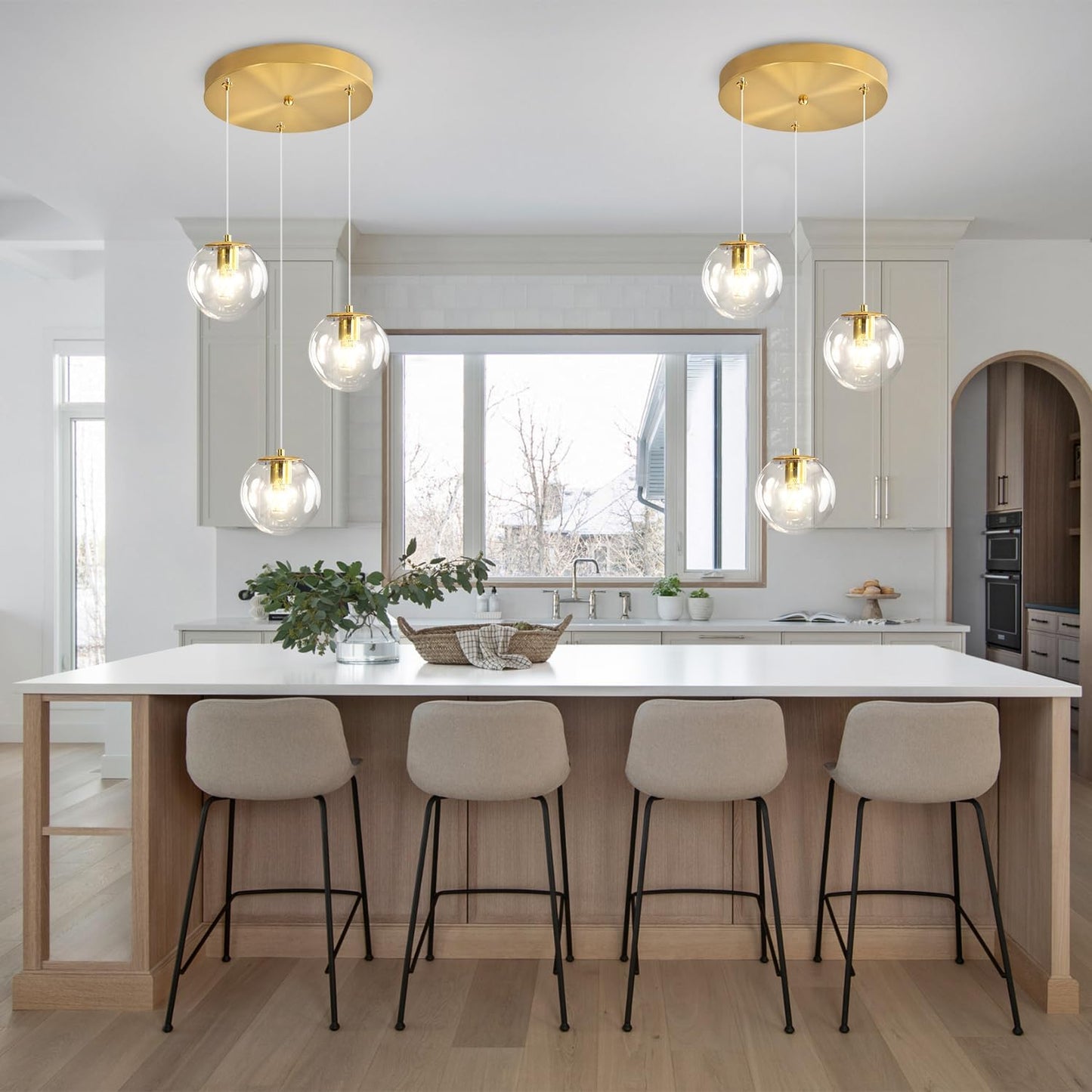 Globe Glass Pendant Light Modern Gold Clear Globe Glass Chandelier Mid Century Chandelier 3-Light Hanging Fixture for Kitchen Island Foyer Hallway Dining Room