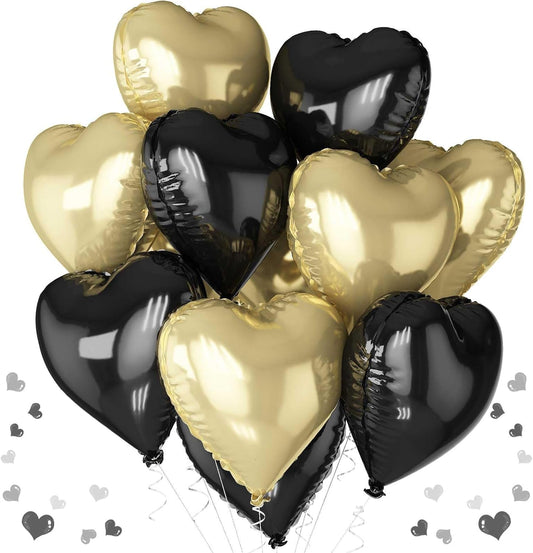 Black Gold Foil Heart Balloons, 18 Inch 10 Pcs Light Gold and Black Heart Shape Mylar Balloons Pastel Yellow and Black Heart Balloons for Birthday Graduation Valentines Baby Party Anniversary