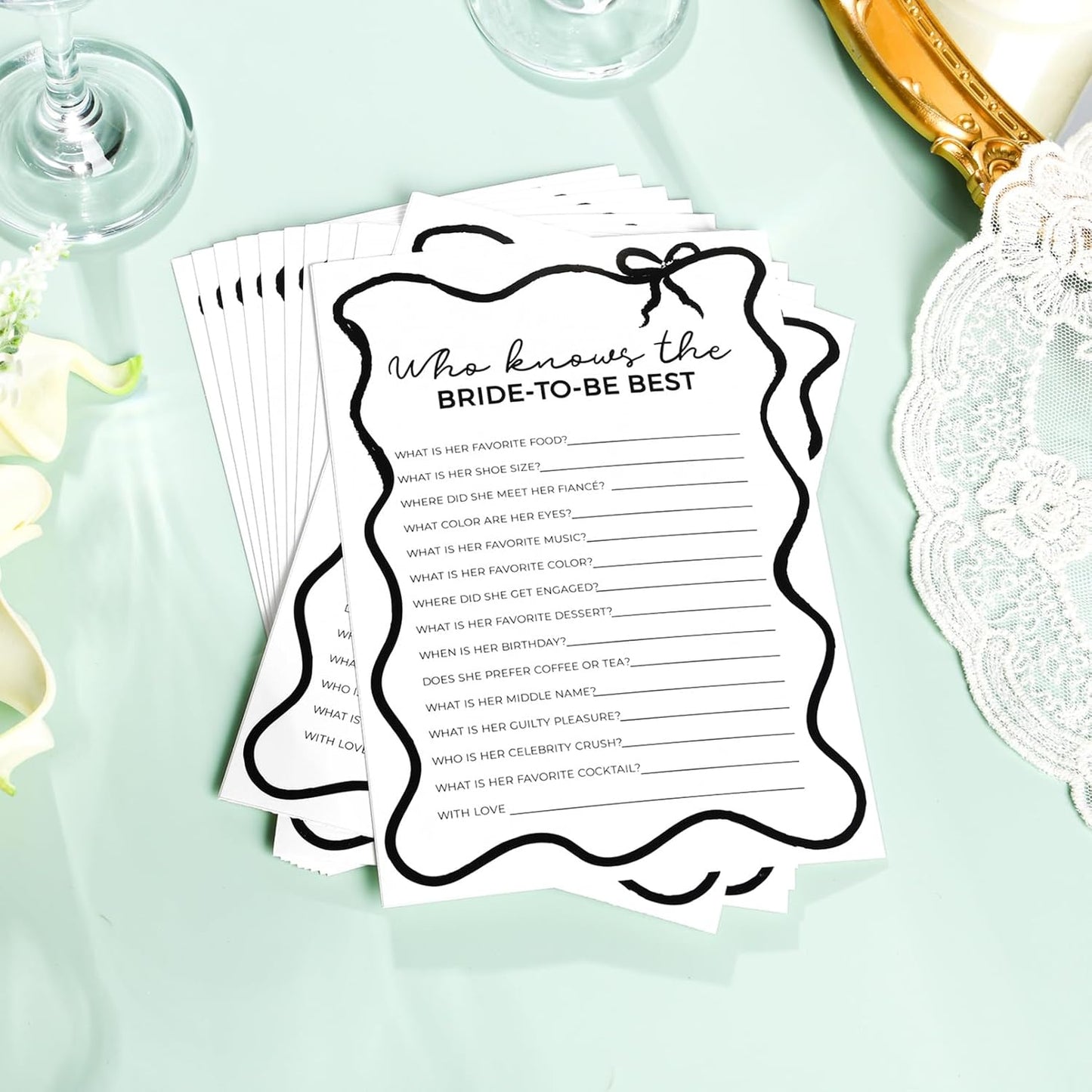 DEEKA 30 PCS Bridal Shower Games Card for 30 Guests Black Wavy Border Ribbon Bow Funny Wedding Bachelorette Party Games for Reception (Who Knows The Bride-to-be Best)