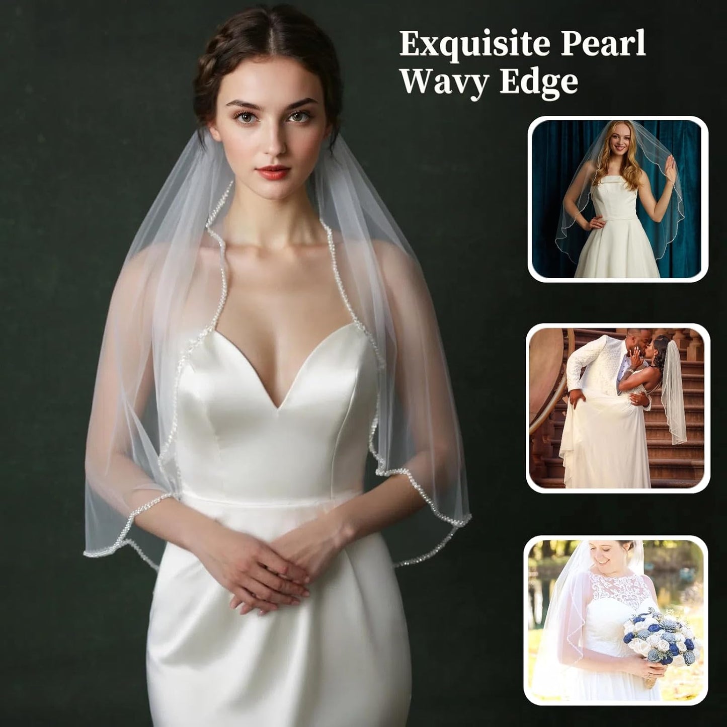 Bridal Veils Pearls and Crystals Beaded Edge Fingertip Length Wedding Veil for Women